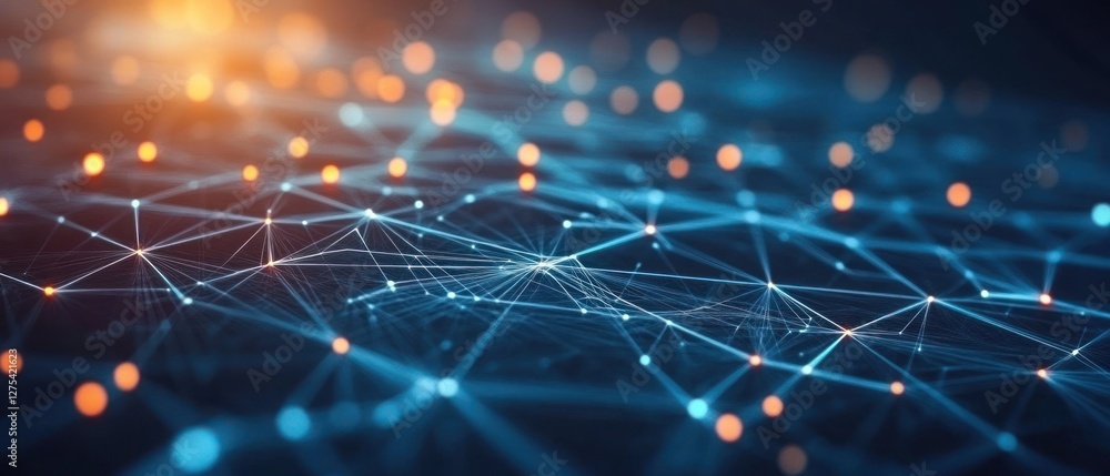 Poster abstract network connections with glowing nodes at dusk