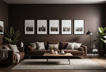 Fototapeta premium Modern Brown Leather Sofa in Dark Brown Living Room with Cityscape Artwork