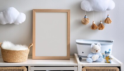 Modern Scandinavian Newborn Haven A Fresh, Minimalist Nursery Showcasing Mock Up Frame, Wooden Toys and Childrens Cup in a Sunlit Space, Infused with Calm and Serenity.