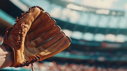 Baseball playoffs with a fan holding a baseball glove in the stands. Featuring excitement and anticipation