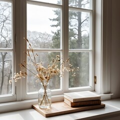 Dried Flowers in Glass Vase on Windowsill with Books
