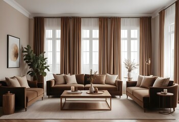 Fototapeta premium Modern Brown Living Room Interior with Large Windows and Neutral Decor