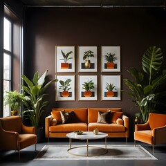 Luxurious Orange Velvet Sofa in Modern Living Room with Tropical Plants and Gold Accents