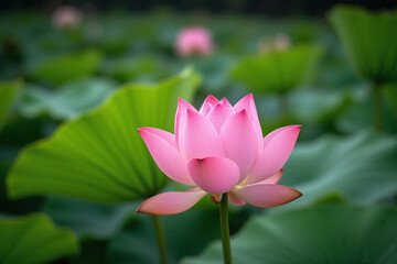 Obraz premium vibrant pink lotus flower in natural setting with green leaves and lily pads