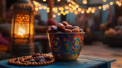 Celebrate the Muslim holy month. Medjool dates in a colorful bucket. An ornate lantern glows softly. Amber prayer beads. Cultural, religious observance, tradition, food. 