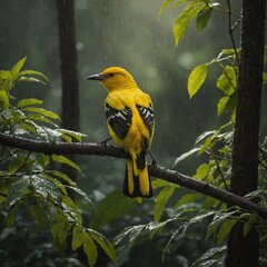 Fototapeta premium A golden oriole sitting under a sunbeam in a rainy forest.