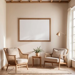 Modern Minimalist Living Room Interior with Empty Frame Mockup