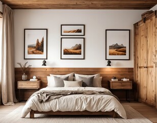 Cozy Modern Bedroom with Wooden Accents and Landscape Prints