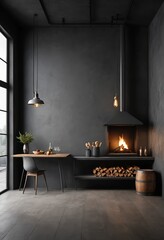 Modern Dark Interior Design with Fireplace and Wooden Table