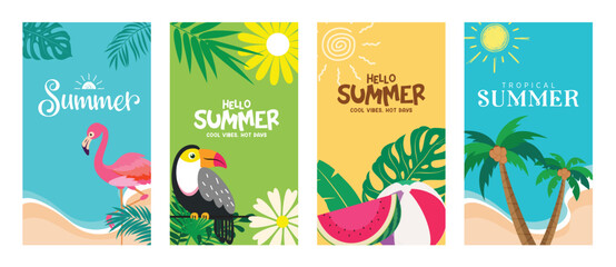 Hello summer greeting clipart poster set. Summer text with colorful background and tropical elements like flamingo, toucan, watermelon, beach ball and coconut tree clip art collection for vacation 