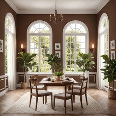 Modern Dining Room Interior with Brown Walls and Large Windows