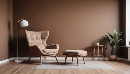 Cozy Living Room Interior with Brown Walls and Beige Armchair