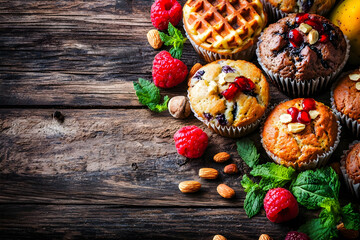 Assorted muffins, berries, nuts, wood table. Food photography for blogs, menus