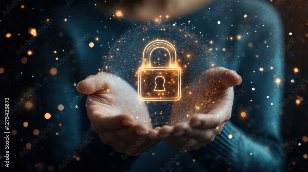 Poster hands holding a lock symbol with sparkles around