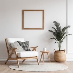 Modern Minimalist Living Room Interior with Wooden Armchair and Plant