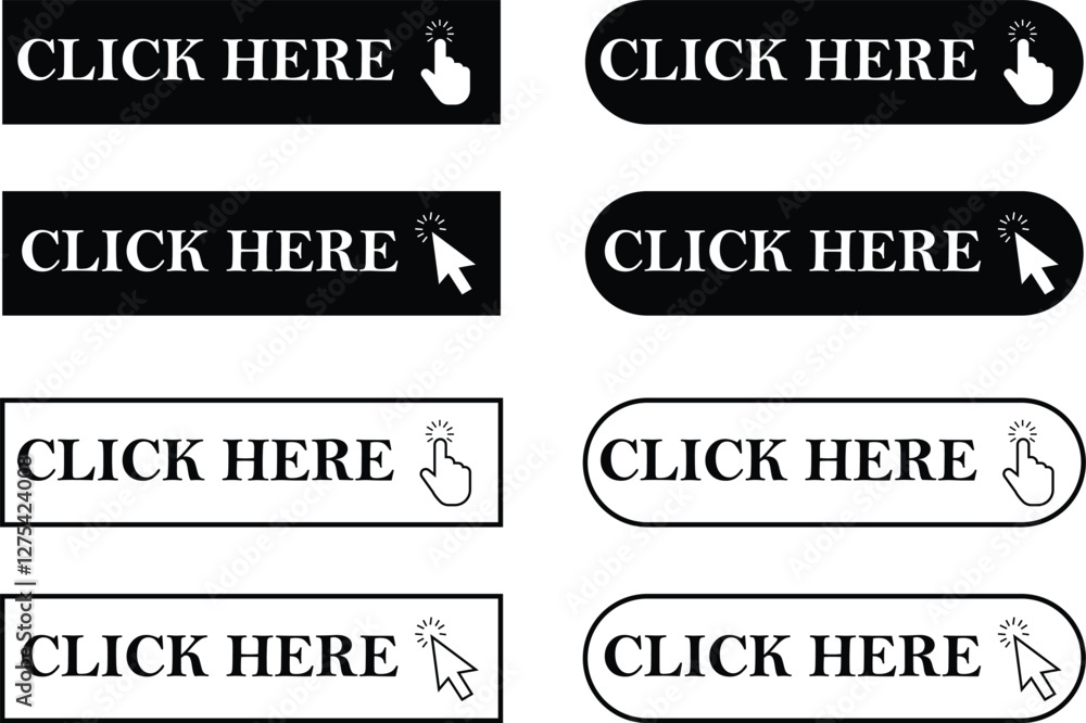 Poster click here button with arrow and hand cursor flat, line icons set. web button with action vectors. u