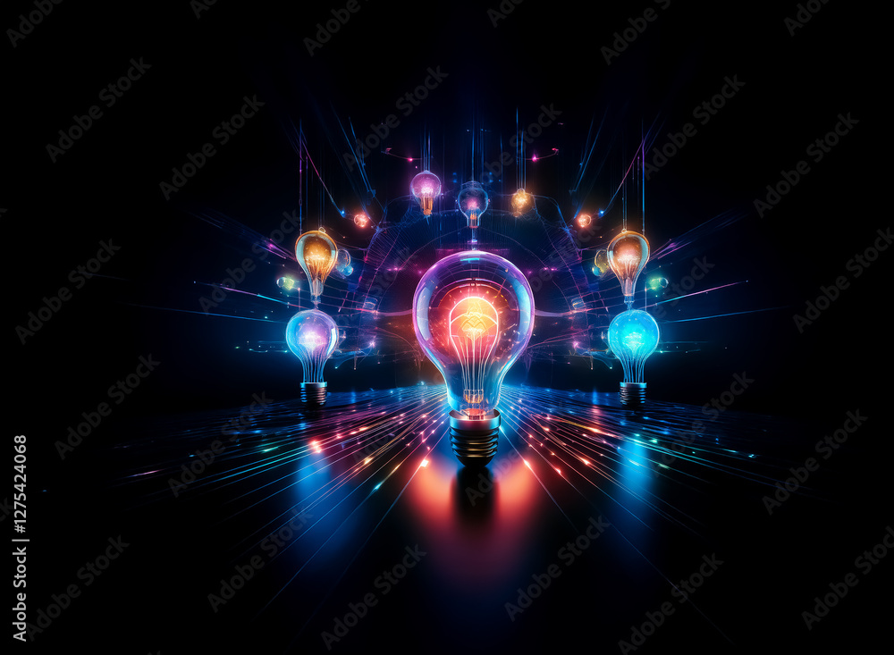 Poster illuminated light bulbs radiate vibrant beams on a dark backdrop, creating an abstract display of en
