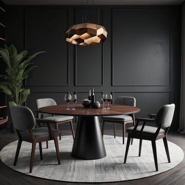 Modern Dark Dining Room Interior with Wooden Table and Geometric Pendant Lamp