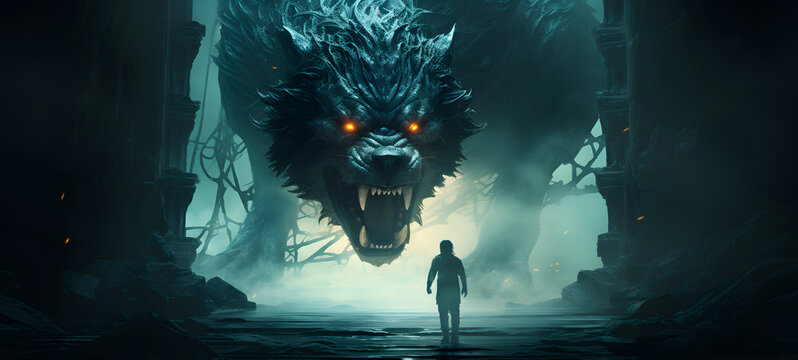 a lycan protecting a portal with people going through it, ai generative
