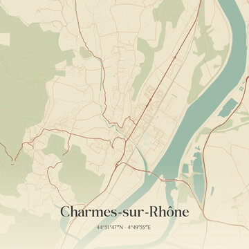 Vintage map of Charmes-sur-Rh&ocirc;ne, France.