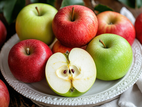 A white plate displaying a variety of apples