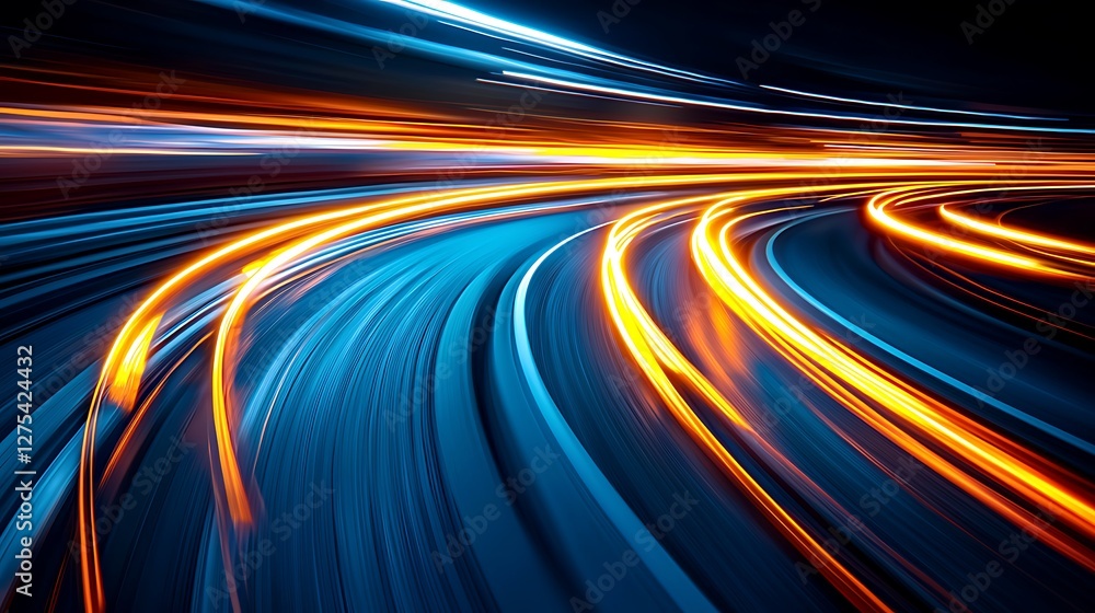 Poster abstract highway speeding with blurred light trails and curved road, possibly for background use