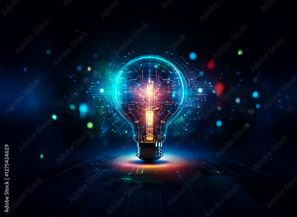 Poster futuristic digital lightbulb with glowing circuits and particles on a dark backdrop. represents inno