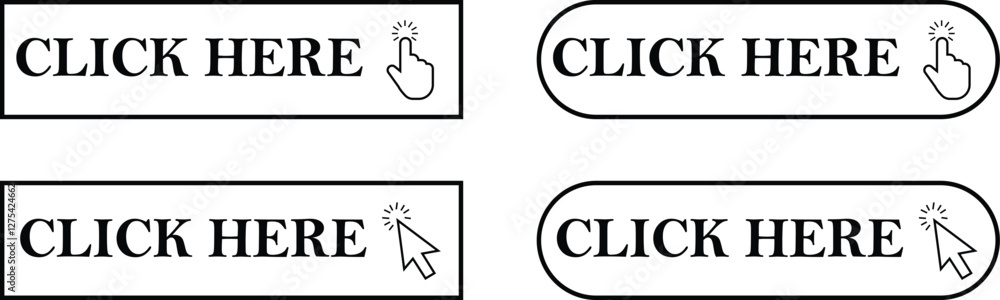 Poster click here button with arrow and hand cursor outline icons set. web button with action vectors. ui b