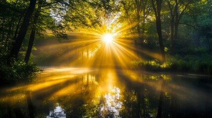 Obraz premium Golden sunrise illuminates a tranquil forest river landscape creating a magical atmosphere.