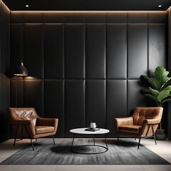 Modern Dark Living Room Interior with Brown Leather Armchairs