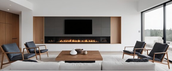 Modern Living Room with Fireplace and Large Window