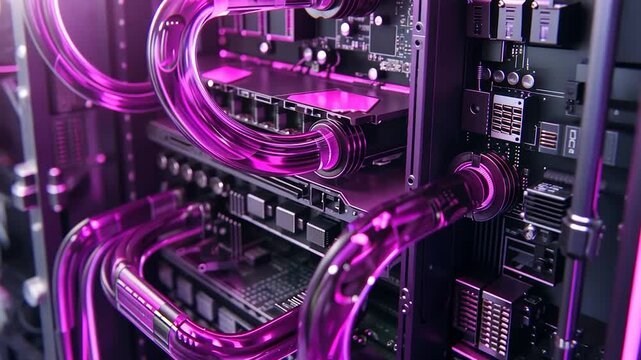 Stunning Close-up of a Custom PC with Vibrant Purple Liquid Cooling System
