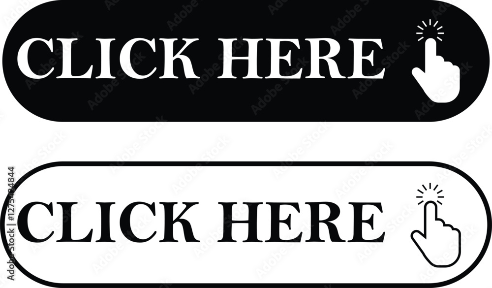 Poster click here button with hand cursor flat and line icons set. web button with action vectors. ui butto