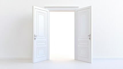 Open white double doors in a minimalist interior invite exploration and symbolize new beginnings in a modern home.