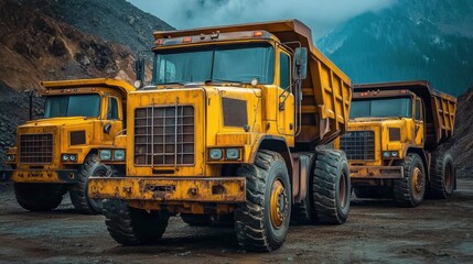 Heavy Yellow Dump Trucks Parked on Mining Site in Mountain Area