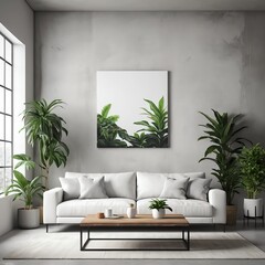 Modern Living Room Interior with Greenery and White Sofa