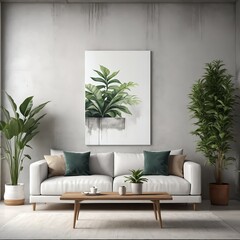 Modern Living Room Interior with White Sofa and Greenery
