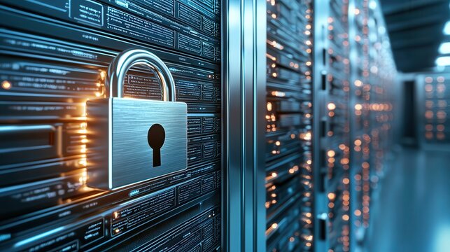 Secured data center protected against hackers. Secure server room with a padlock symbolizing data protection.