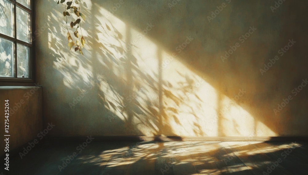 Poster sunlight streams through window, casting leaf shadows on wall in empty room