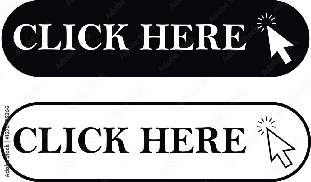 Poster click here button with arrow cursor flat and line icons set. web button with action vectors. ui butt
