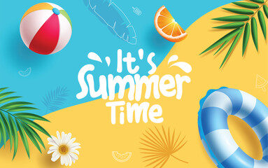 Summer time greeting clipart background design. Summer time text clip art in orange and blue background for vacation holiday with palm leaves, floaters and beach ball tropical elements vector 