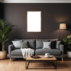 Modern Living Room Interior with Blank Frame Mockup