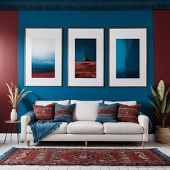 Modern Living Room Interior with Teal and Burgundy Accent Wall, Abstract Art, and Ethnic Throw Pillows