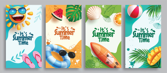 Summer time clipart poster set. Summer time greeting in colorful abstract background clip art with sun, floaters, surfboard and mango tropical elements for postcard template vector illustration.
