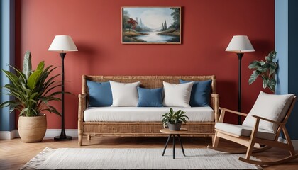 Fototapeta premium Cozy Living Room with Rattan Sofa and Rocking Chair