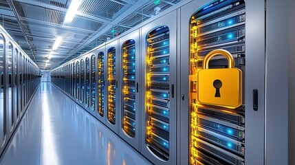 Secured data center protected against hackers. Data center with locked servers and illuminated equipment.