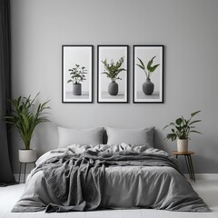 Modern Grey Bedroom Interior with Plants and Minimalist Decor