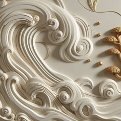 Close-up view of a textured wall design or wallpaper featuring a stylized composition of a wave and a tree. 