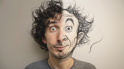 A whimsical self-portrait where one half of the face is real, while the other transforms into an expressive, animated sketch. The blend of realism and creativity creates a playful, surreal composition