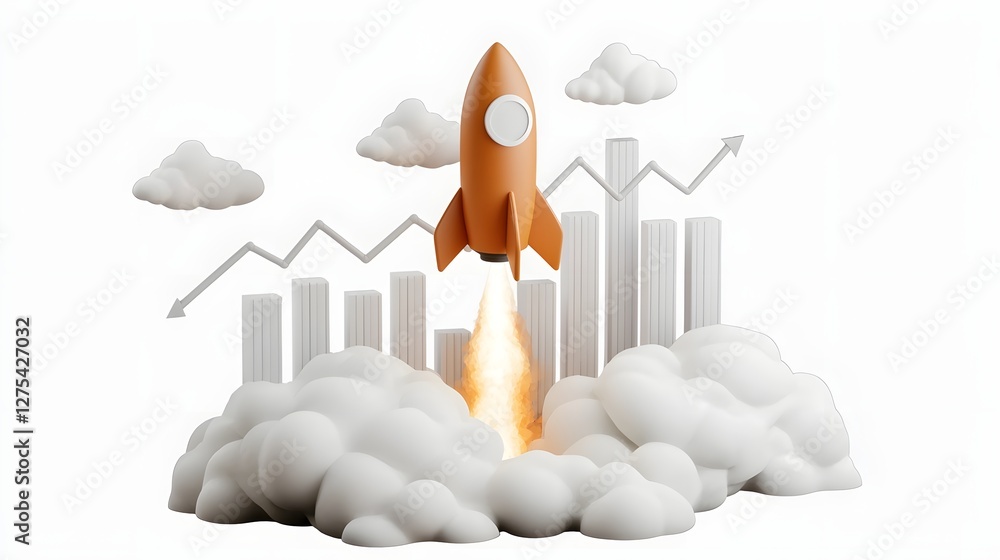 Fototapete a striking red rocket takes off leaving a trail of success with an upward trending graph forming beh